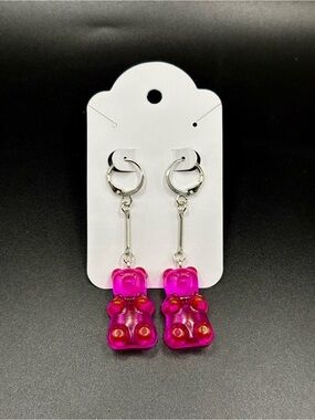 Pink Gummy Bear Dangle Hoop Earrings